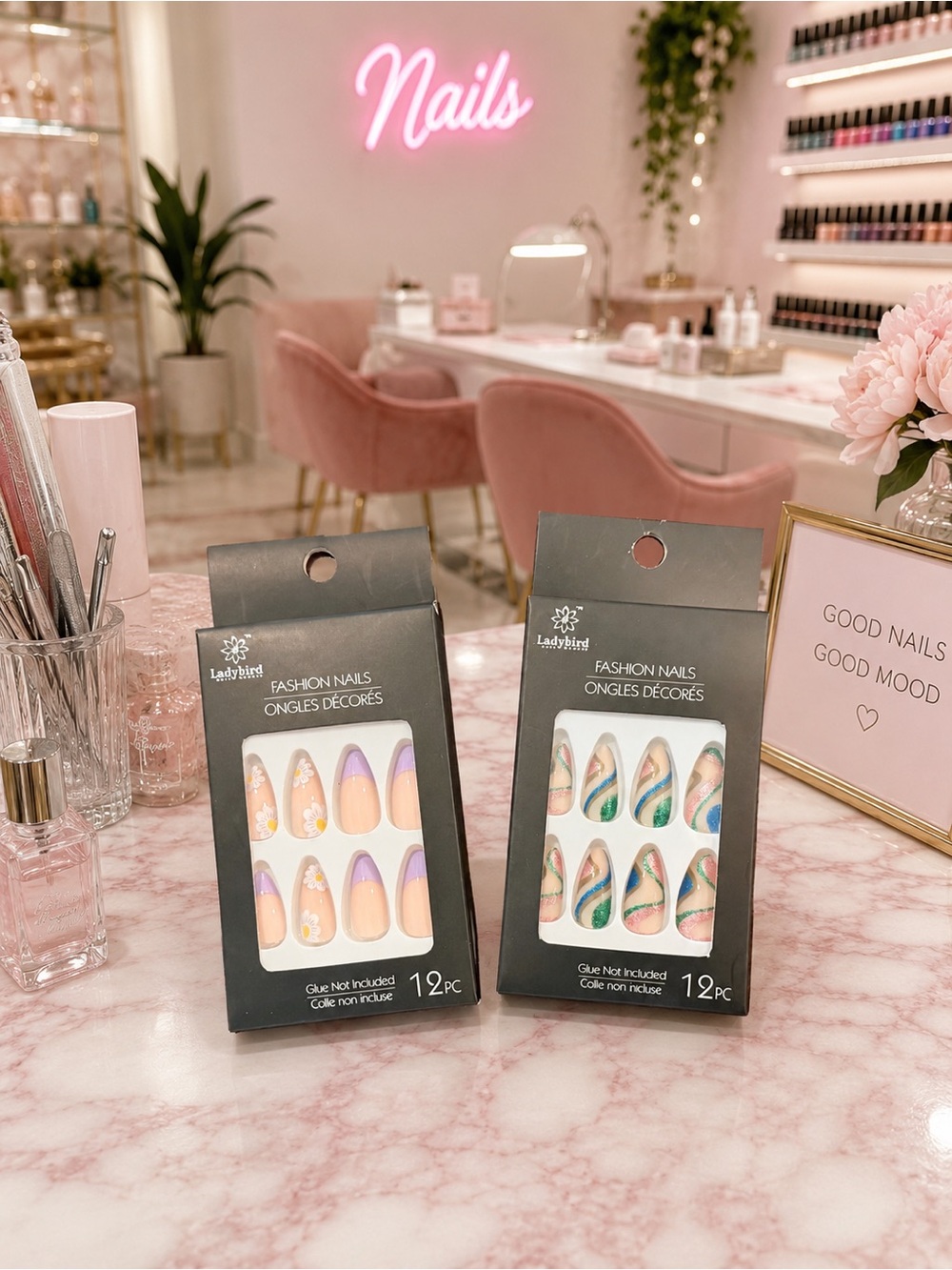 Ladybird Fashion Press-On Nails - Pastel Purple & Peach + Teal Marble Bundle NWT